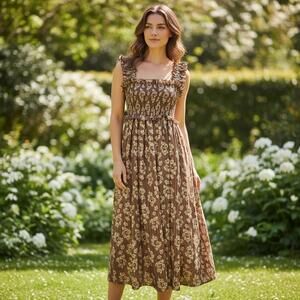 Altar’d State Brown Floral Ruffle Strap Maxi Dress Size L